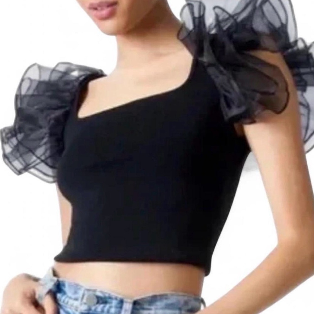 Alice + Olivia Black Crop Top with Ruffle Sleeves